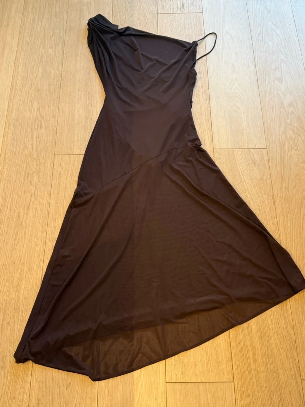 ZARA Chocolate Brown Asymmetrical Draped Strap Maxi Dress w/ Built-In Bodysuit - Picture 11 of 11